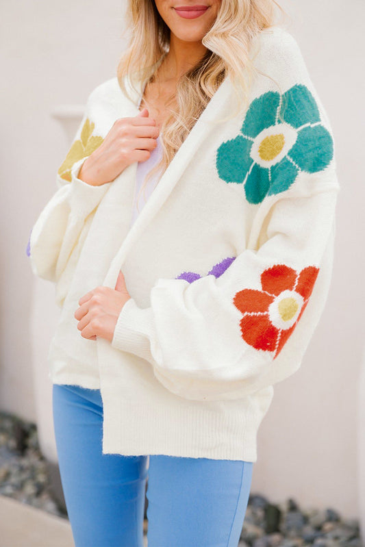 Cardigan aberto com manga bolha jacquared flor branca