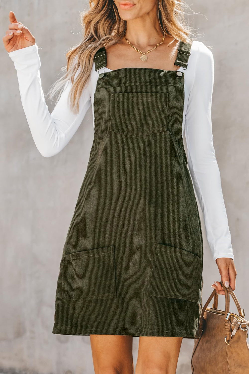 Vestido de veludo cotelê sem mangas com bolsos frontais sólidos verde vinhedo