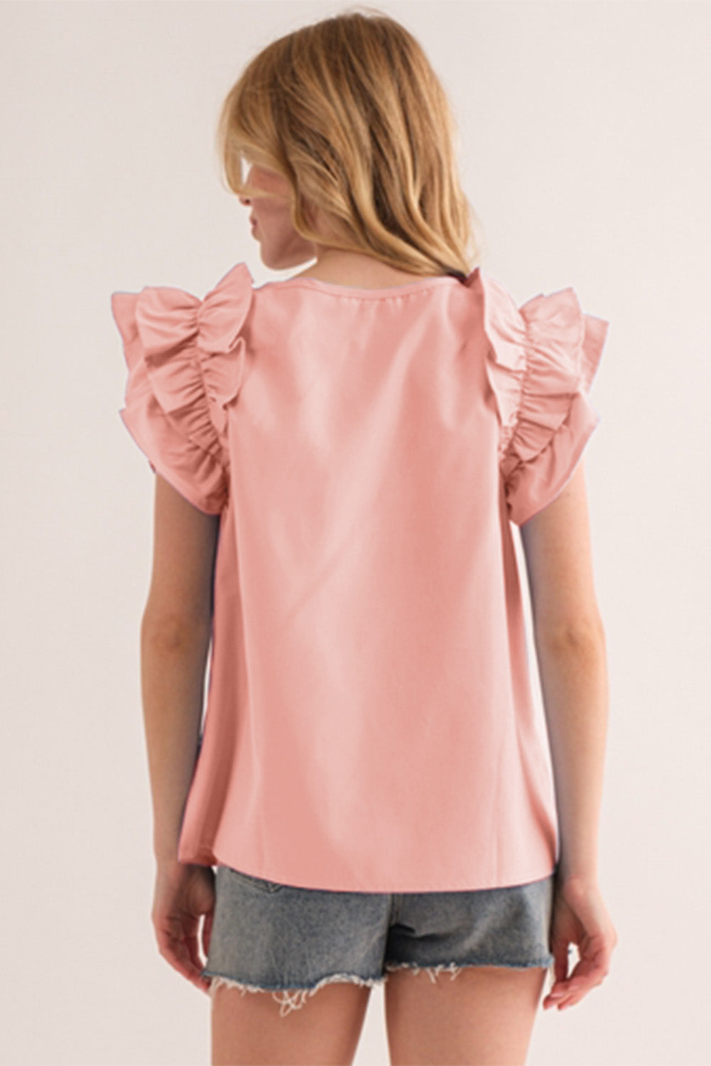 Peach Blossom Shirring Buttoned Neck Ruffle Sleeve Blouse