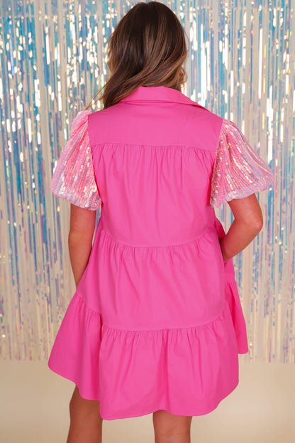 Robe chemise à volants et manches bouffantes pailletées Bonbon