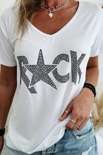 Camiseta ROCK Star com decote em V com strass branco