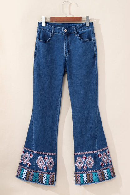 Ashleigh Blue Geometric Embroidered Raw Hem Flared Jeans