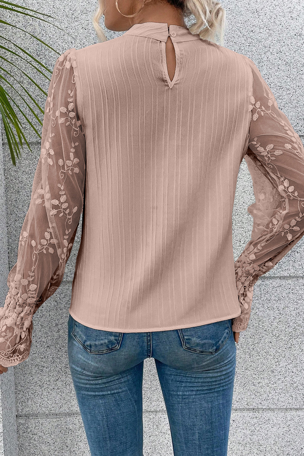 White Contrast Lace Sleeve Mock Neck Textured Blouse