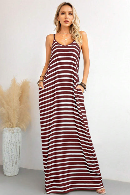 Red Stripe Side Pockets Spaghetti Straps Maxi Dress