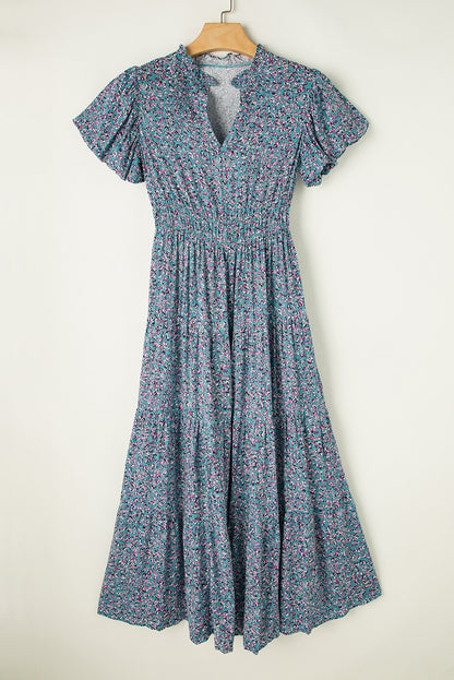 Blue Printed V Neck Shirred Short Puff Sleeve Maxi Dress