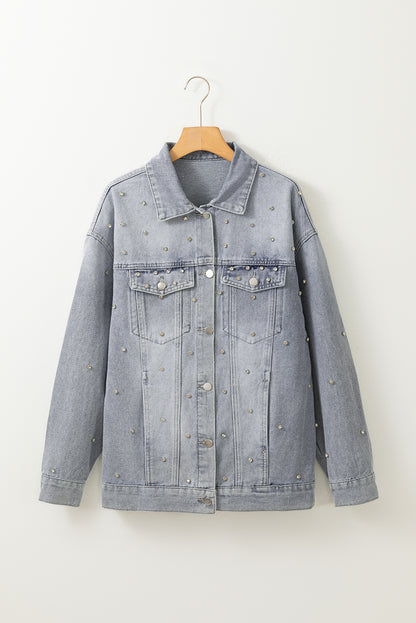 Dusk Blue Rhinestone Embellished Flap Pocket Denim Jacket