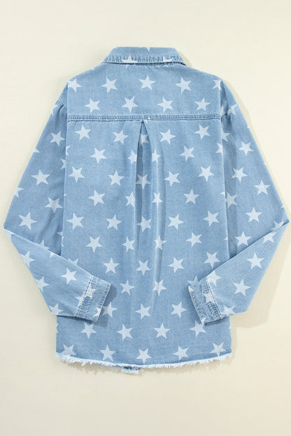 Sky Blue Star Print Light Wash Raw Hem Denim Jacket