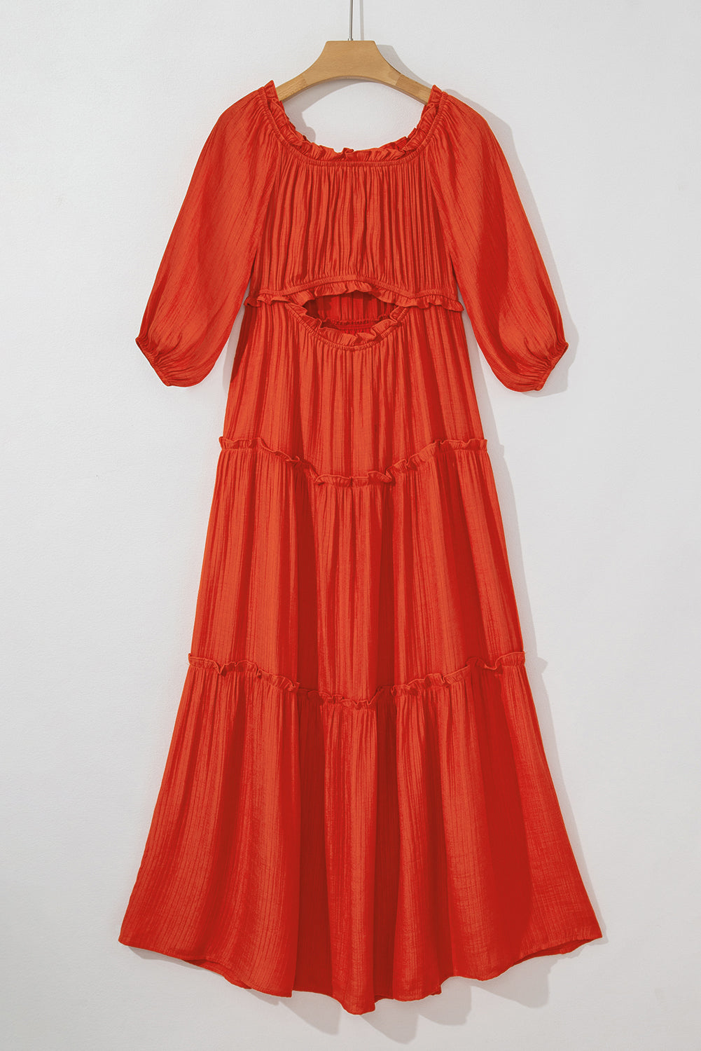 Orange Off Shoulder Balloon Sleeve Cutout Ruffled Maxi Dress