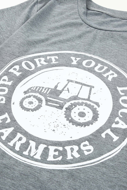 Camiseta estampada cinza APOIE SEUS AGRICULTORES LOCAIS