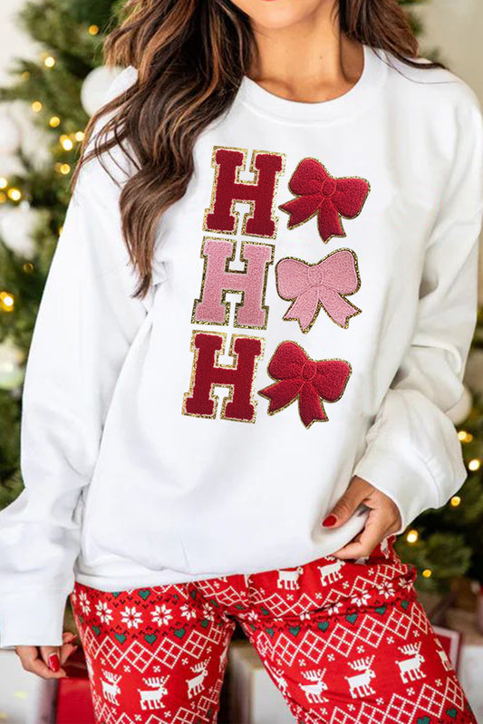 White Chenille HO HO HO Bow Patched Graphic Christmas Sweatshirt