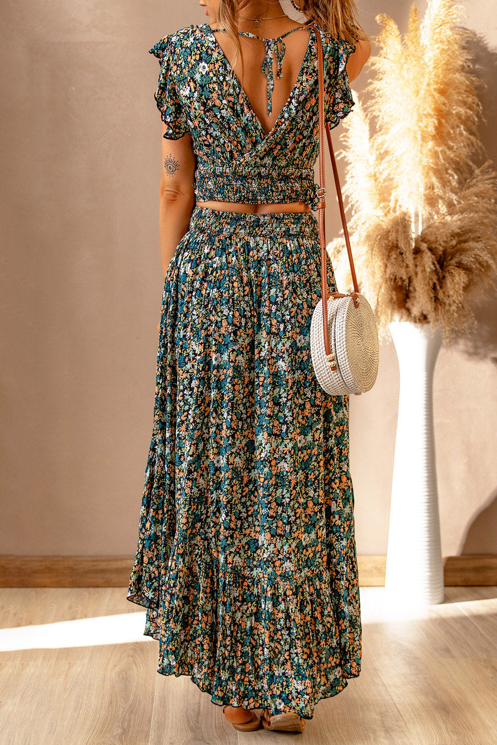 Black Multicolor Floral Ruffled Crop Top and Maxi Skirt Set