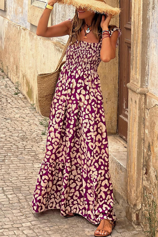 Vestido longo rosa leopardo com alças e cintura alta