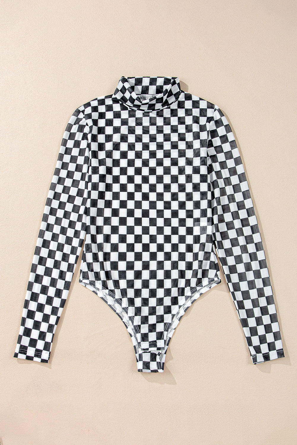 Black Checkered Printed Long Sleeve High Neck Bodysuit