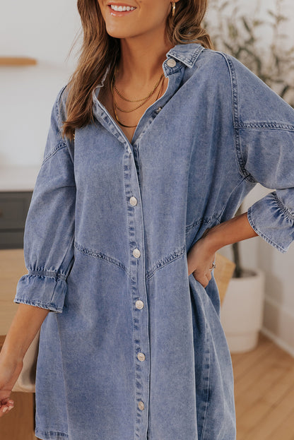 Gray Buttoned Long Sleeve Denim Mini Dress