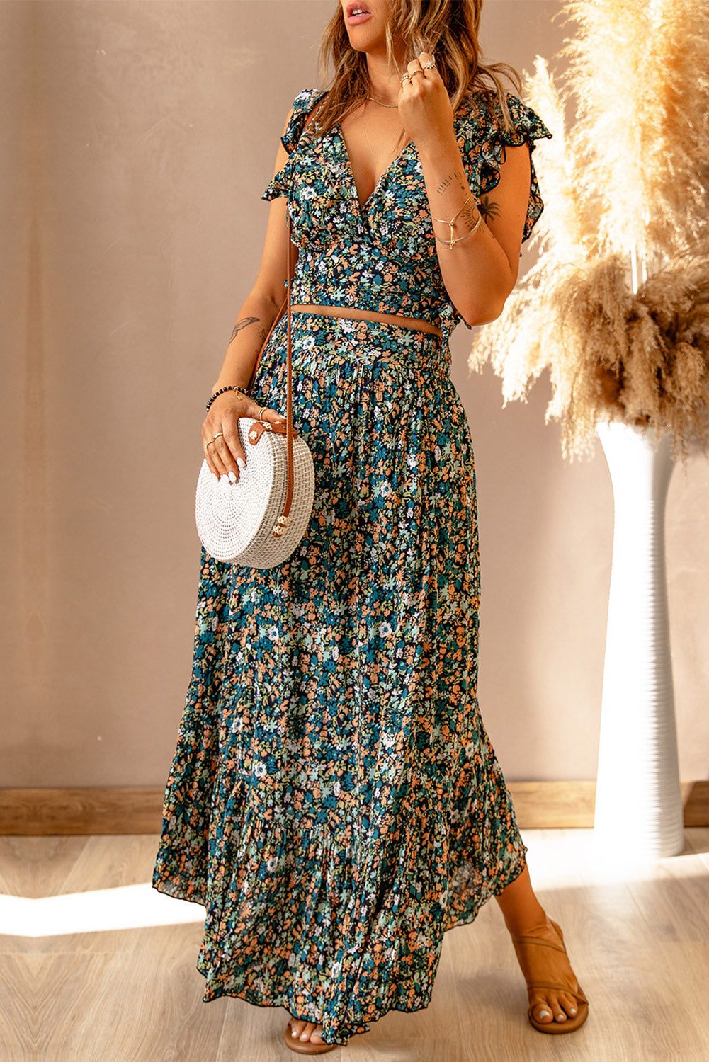 Black Multicolor Floral Ruffled Crop Top and Maxi Skirt Set