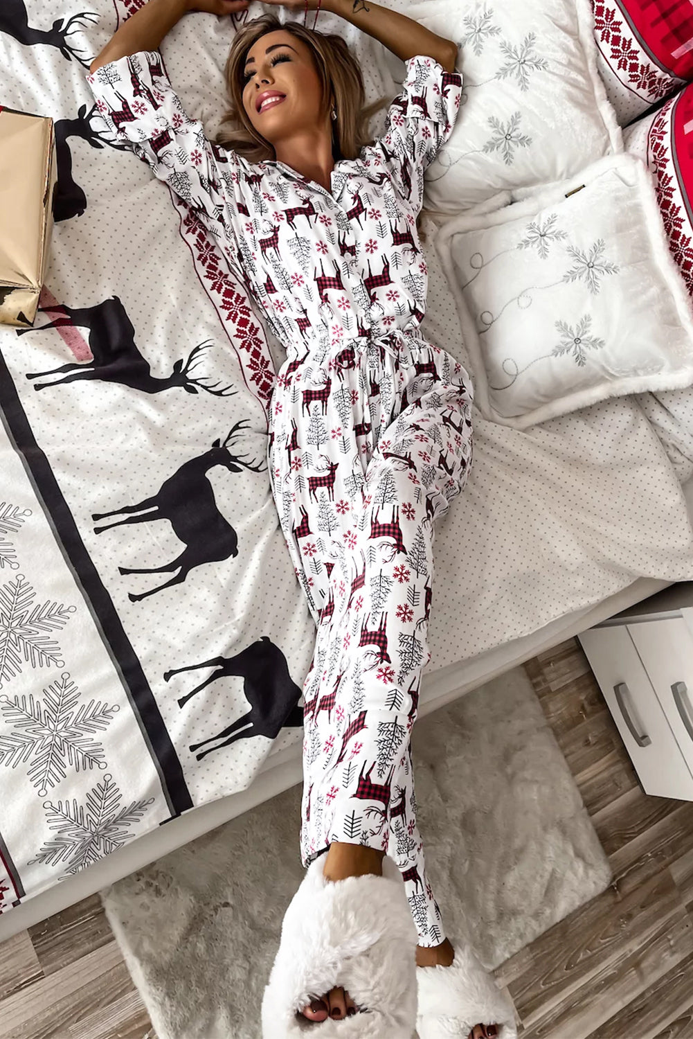 Light Grey Christmas Printed Shirt and Pants Pajama Set