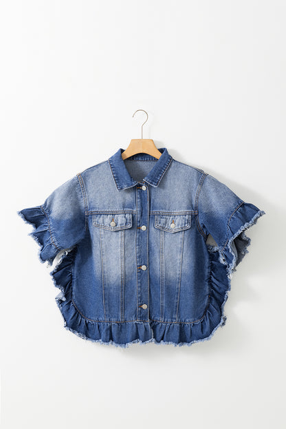 Black Raw Edge Ruffled Short Sleeve Denim Jacket