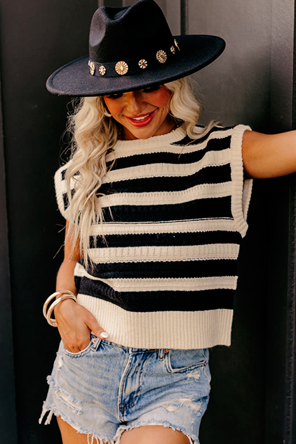 Black Stripe Ribbed Trim Knitted Tank Top