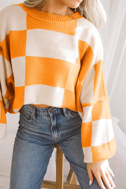 Pull orange à manches évêque à carreaux