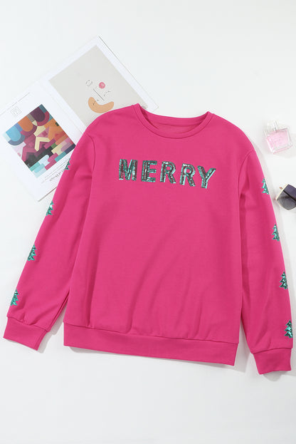 Strawberry Pink MERRY Christmas Tree Sequin Patchwork Sweatshirt