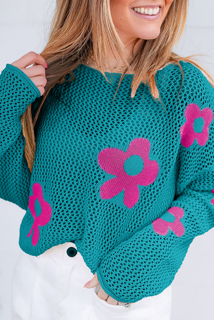 Sea Green Big Flower Hollowed Knit Drop Shoulder Sweater