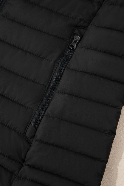 Black Solid Color Quilted Zip-up Puffer Jacket