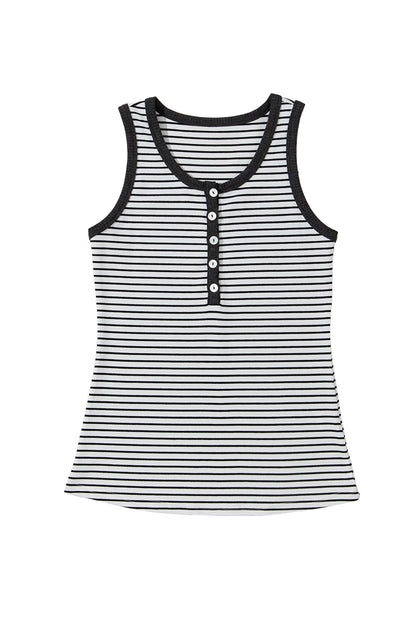 White Stripe Ribbed Knit Buttoned U Neck Tank Top