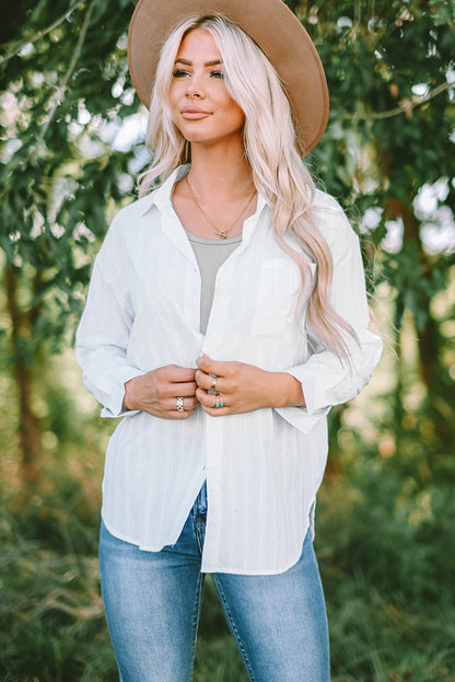 Blue Textured Buttoned Pocket Long Sleeve Shirt