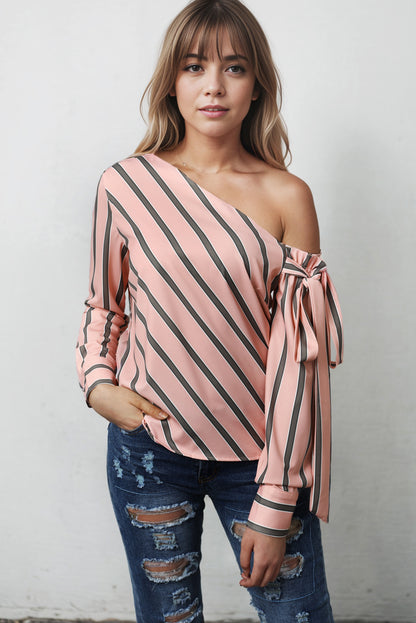 Blusa de ombro amarrada assimétrica listrada rosa