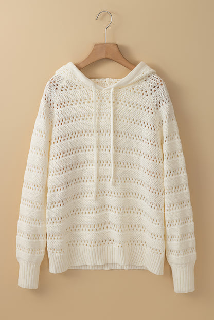 White Pointelle Knit Raglan Sleeve Hooded Sweater