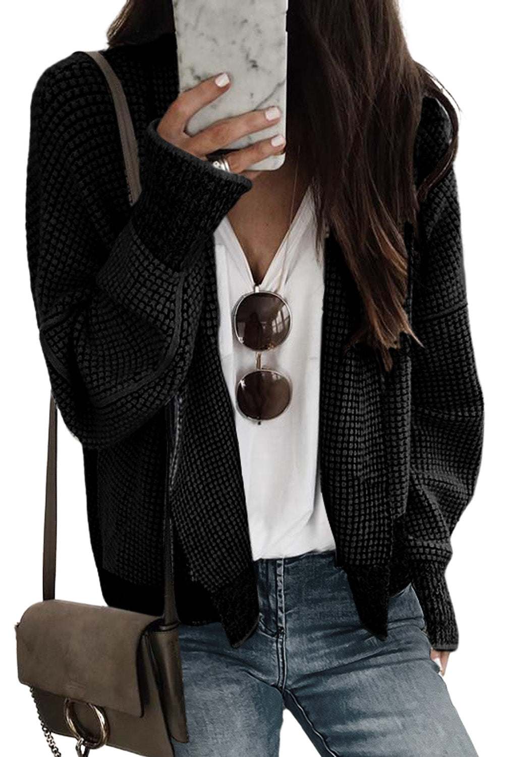 Grey Plaid Contrast Trim Open Front Cardigan