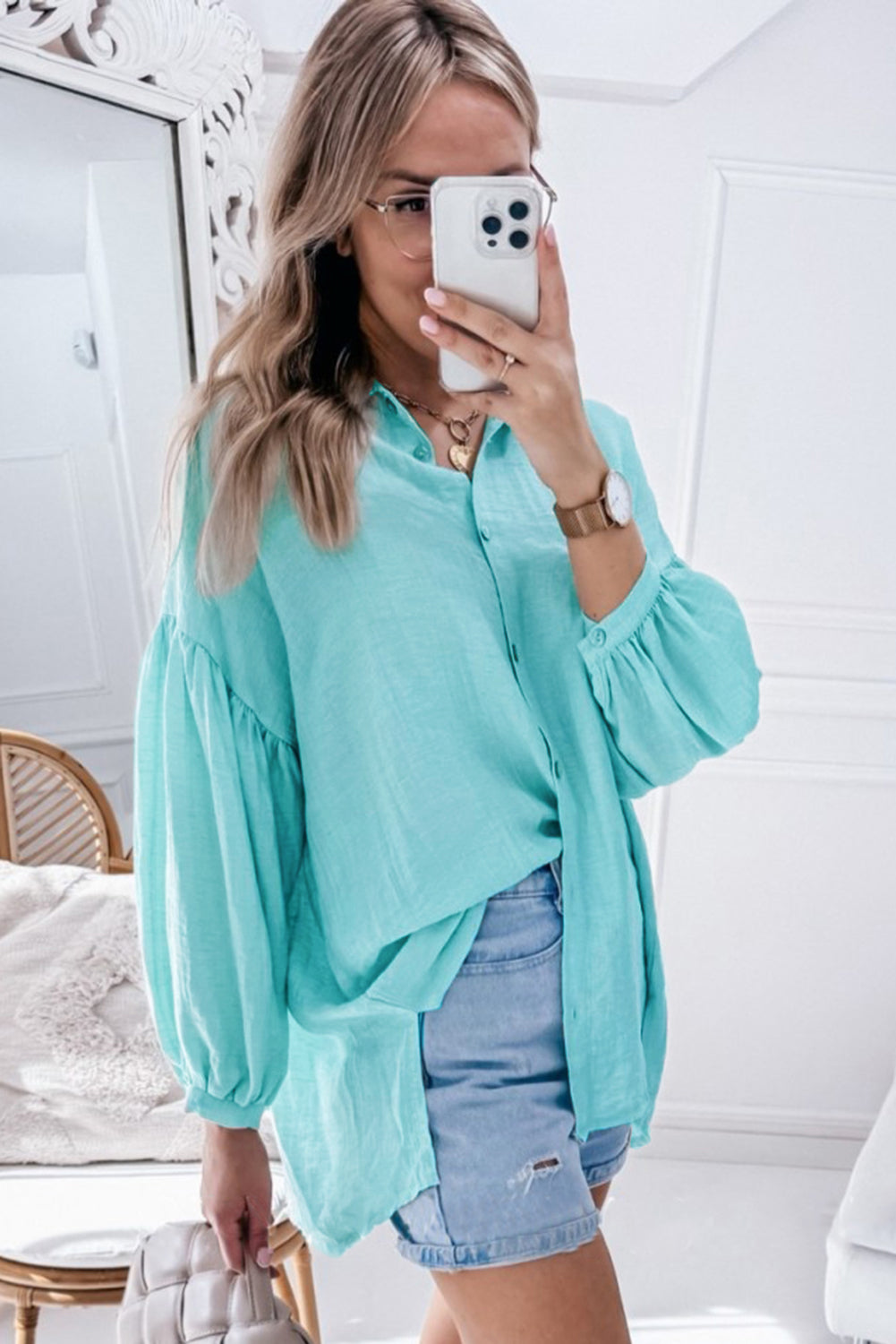 Iceland Blue Solid Puff Sleeve Loose Fit Buttoned Shirt