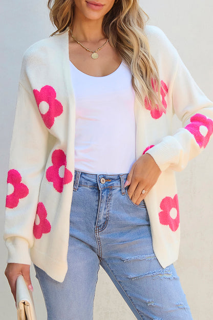 Rose Red Flower Pattern Open Front Cardigan