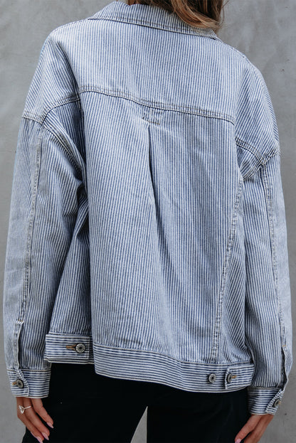 Blue Stripe Washed Oversize Pocketed Denim Jacket