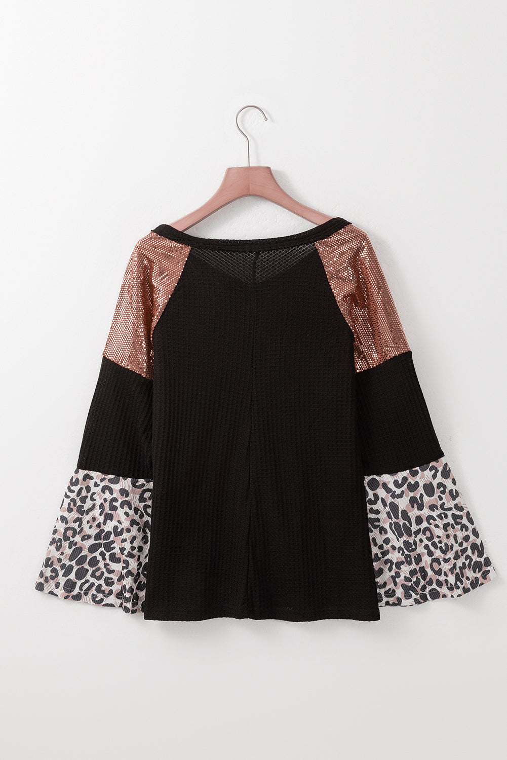 Black Sequin Patchwork Bell Sleeve V Neck Tunic Top