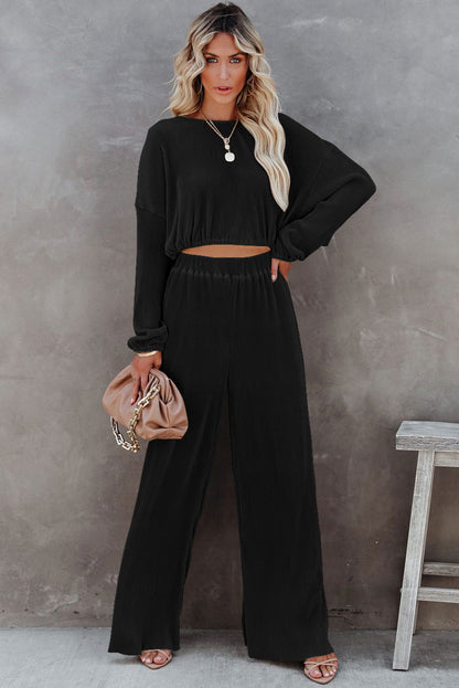 Ensemble pull court en cordon noir et pantalon large