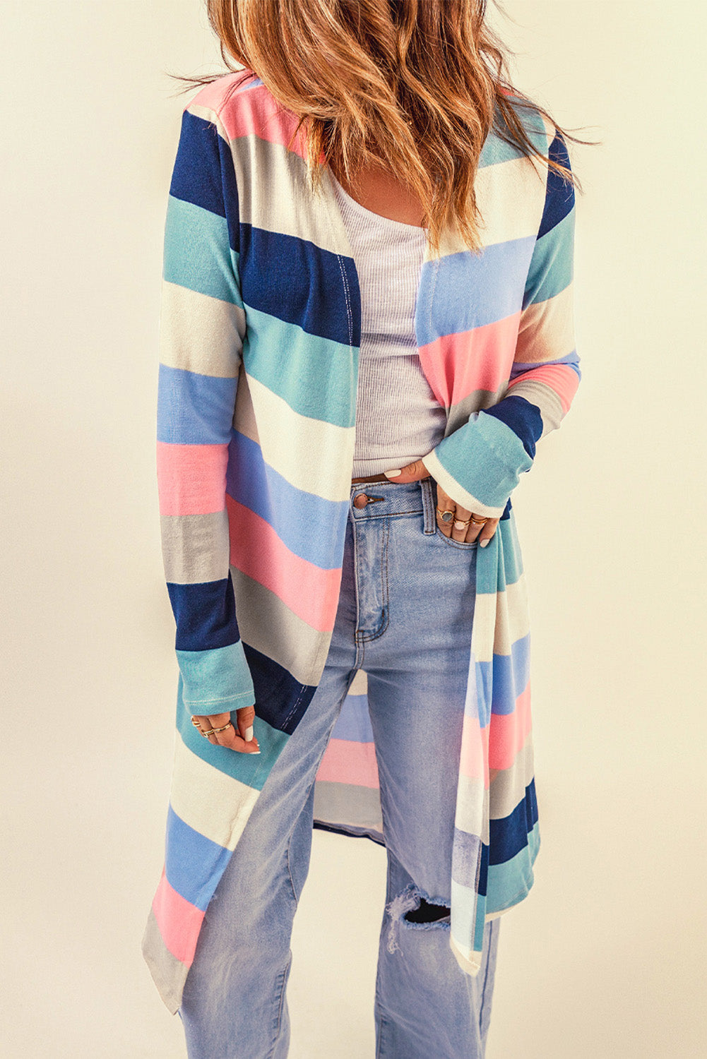 Cardigan long color block imprimé multicolore