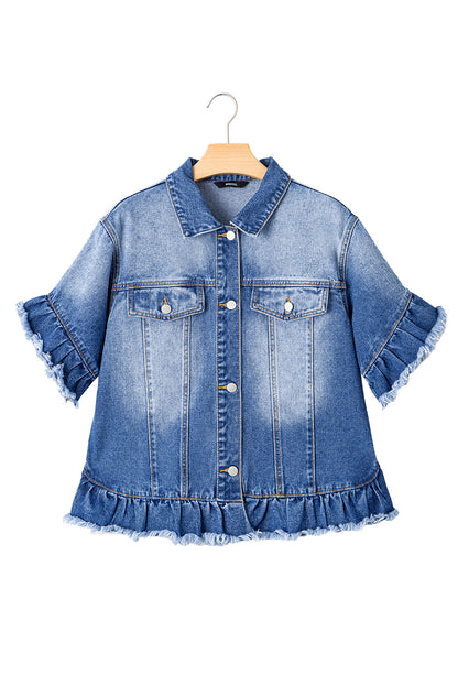 Black Raw Edge Ruffled Short Sleeve Denim Jacket