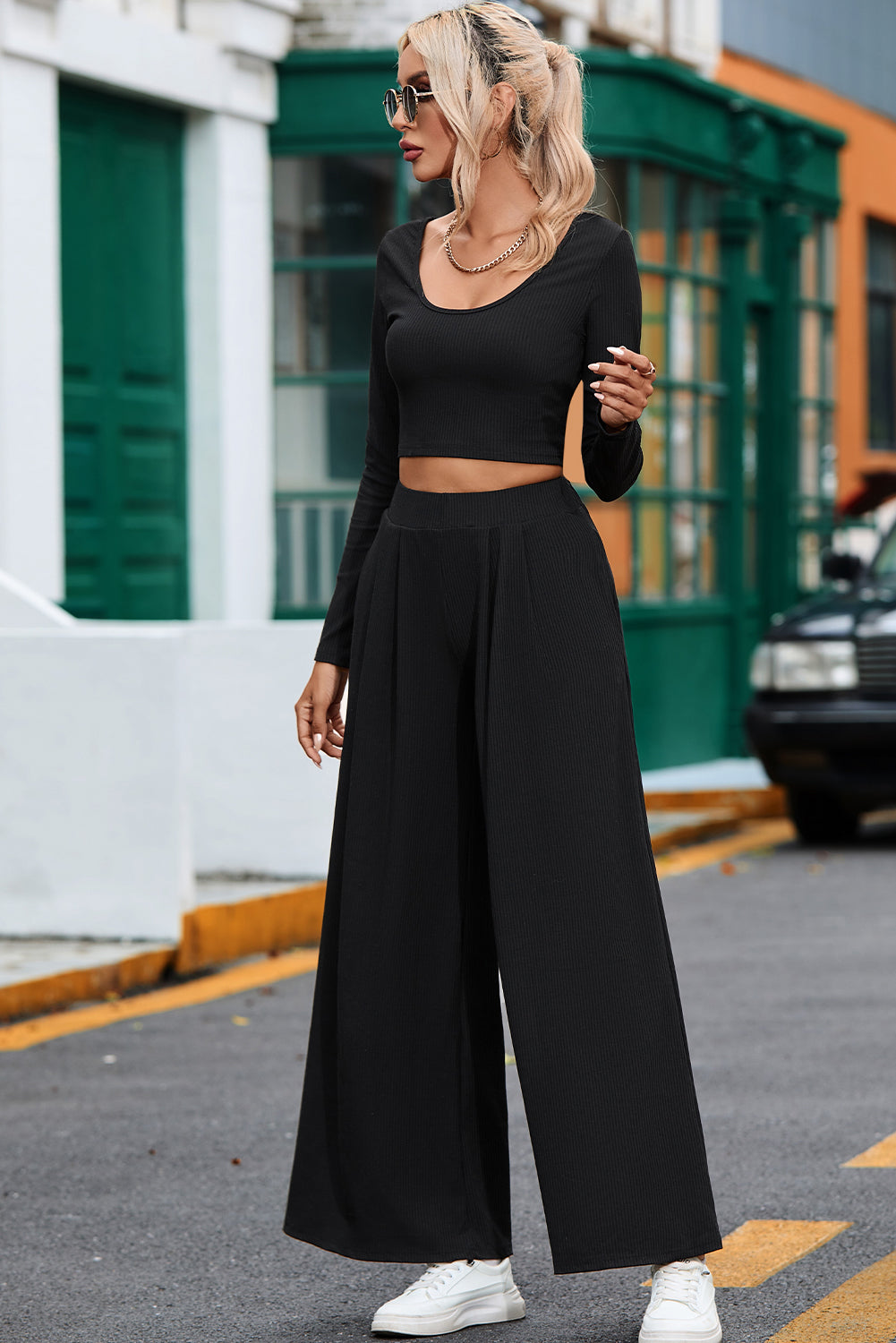 Gray Solid Color Ribbed Crop Top Long Pants Set