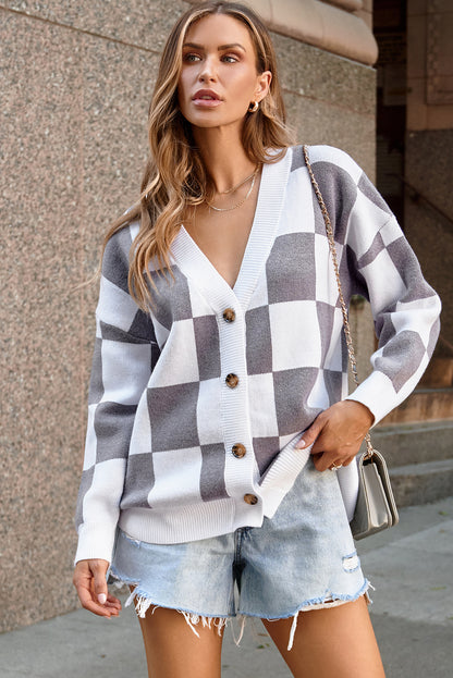 Gray Contrast Checkered Print Button Up Sweater Cardigan