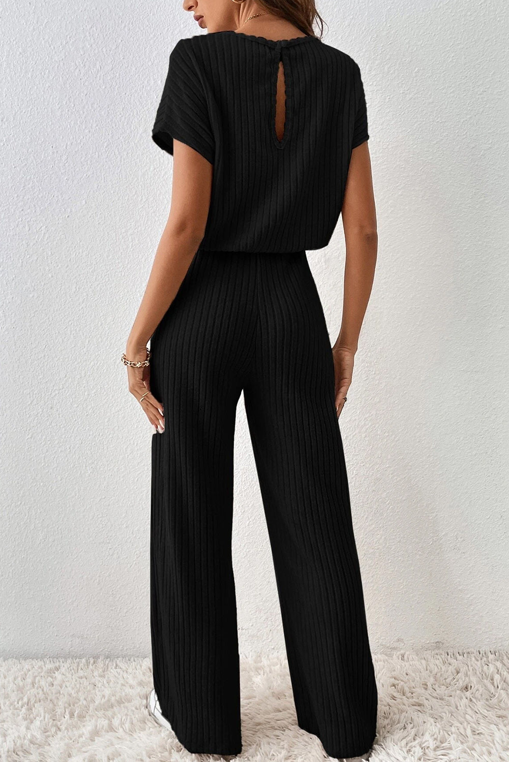 Black Solid Color Ribbed Short Sleeve Wide Leg Jumpsuit