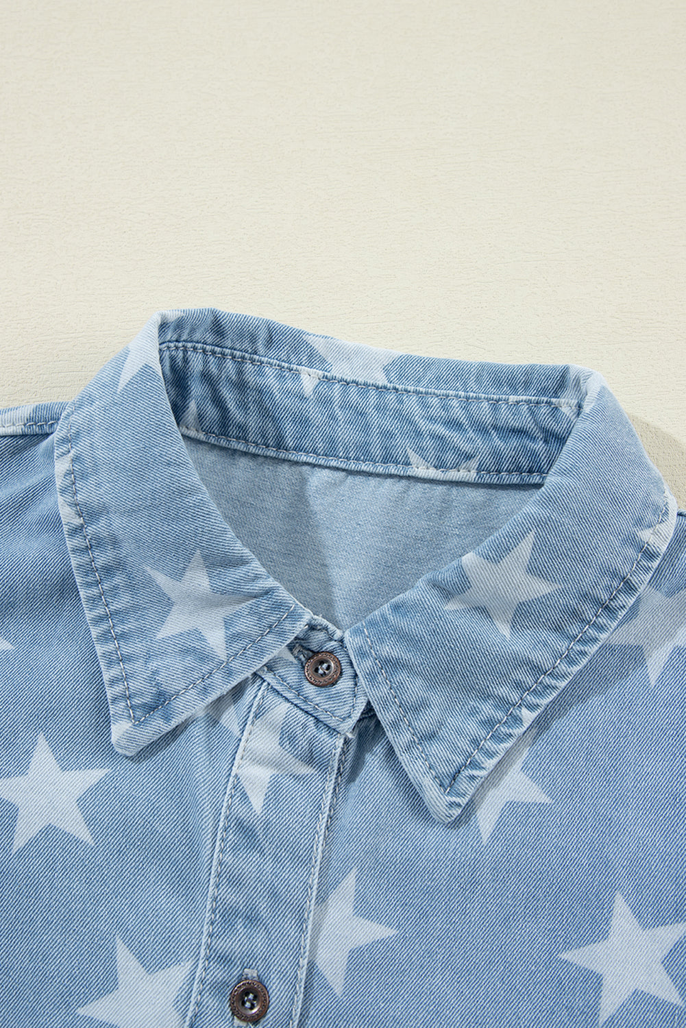 Sky Blue Star Print Light Wash Raw Hem Denim Jacket