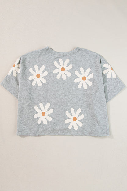 Camiseta casual estampada com flor margarida cinza