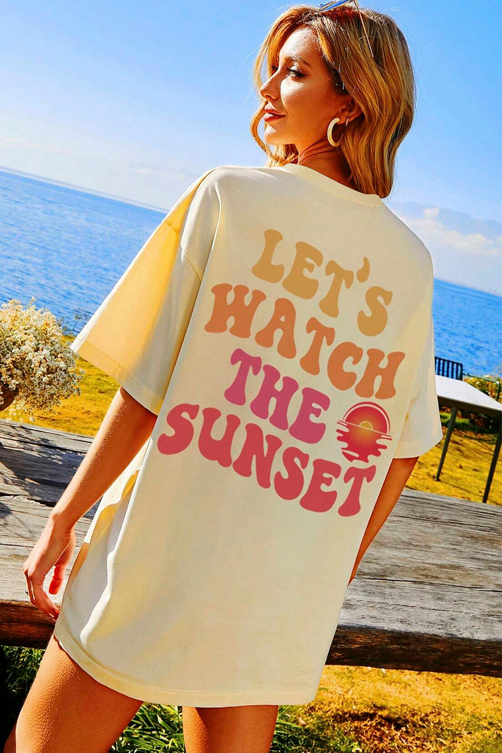 Yellow Cream Back LET'S WATCH THE SUNSET Print Half Sleeve Tee