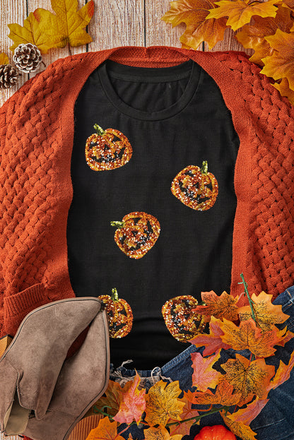 Black Sequin Pumpkin Face Halloween T Shirt