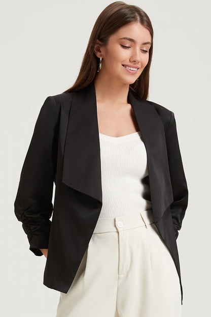 Blazer en satin noir uni à col à revers