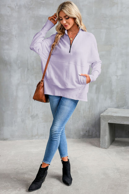 Purple Oversized Quarter-Zip Pullover Sweatshirt