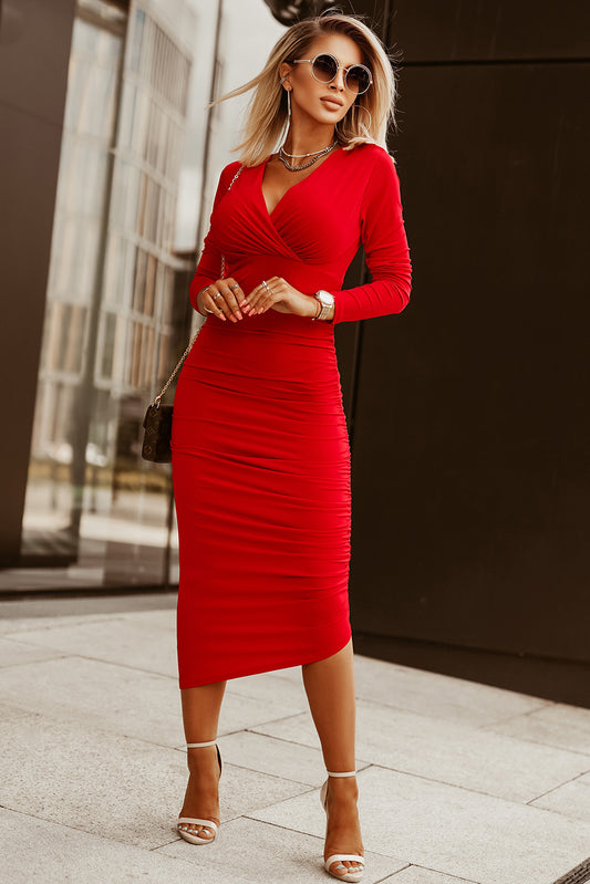 Fiery Red Long Sleeves Wrap V Neck Ruched Sheath Bodycon Dress - Posh Discount