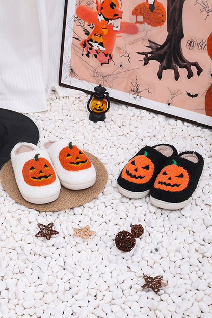 White Halloween Pumpkin Print Plush Slippers (Runs Small, Size Up)