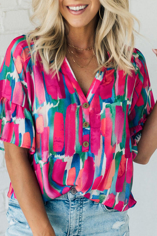 Blusa rosa abstrata com estampa pincelada abotoada com decote em V